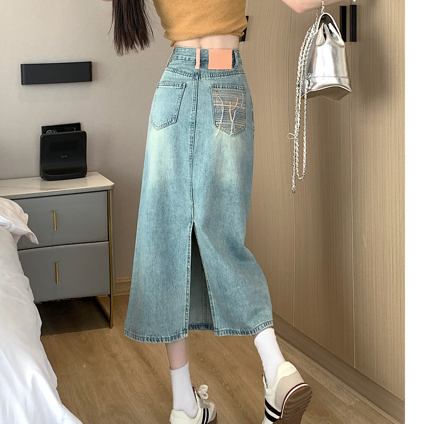 YODO กระเป๋ายีนส์ยาวการผ่า ขนาด 3XL สีฟ้าอ่อนเอวสูง หวานๆน่ารัก BV96