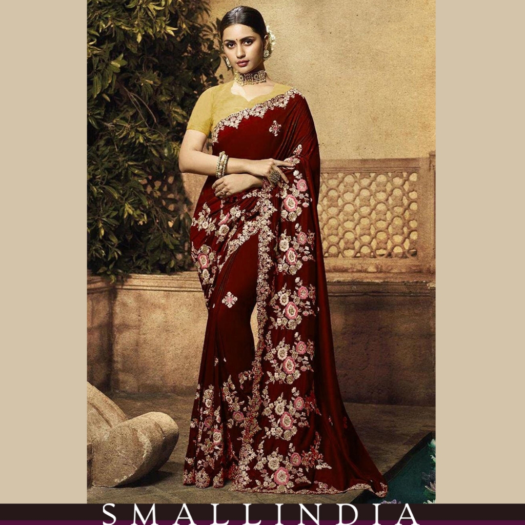 {**ส่งฟรี**} SMALL INDIA 🥻 Georgette Embroidery Saree 🥻 Women Designer Saree