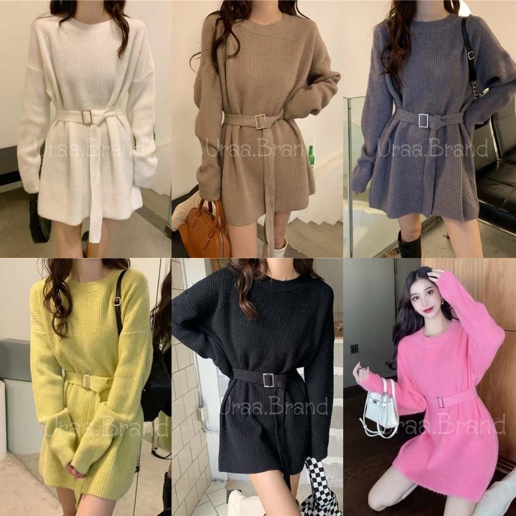 6 สี อก 42-46 / เสื้อไหมพรมแขนยาว เสื้อไหมพรม + เข็มขัดคาดเอว กันหนาว รุ่น Sweater CL - With Belt