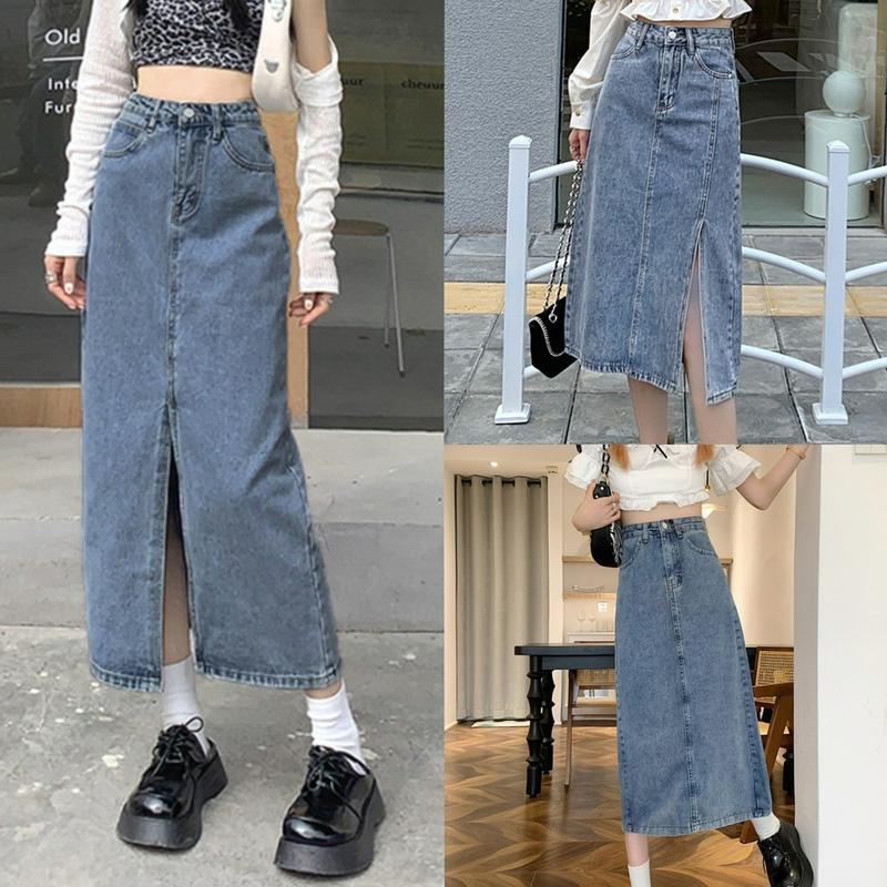 [ พร้อมส่ง ] กระโปรงยีนส์ผ่าหน้าทรงเอวสูง กระโปรงยีนส์แบบยาว ผ้าไม่ยืด