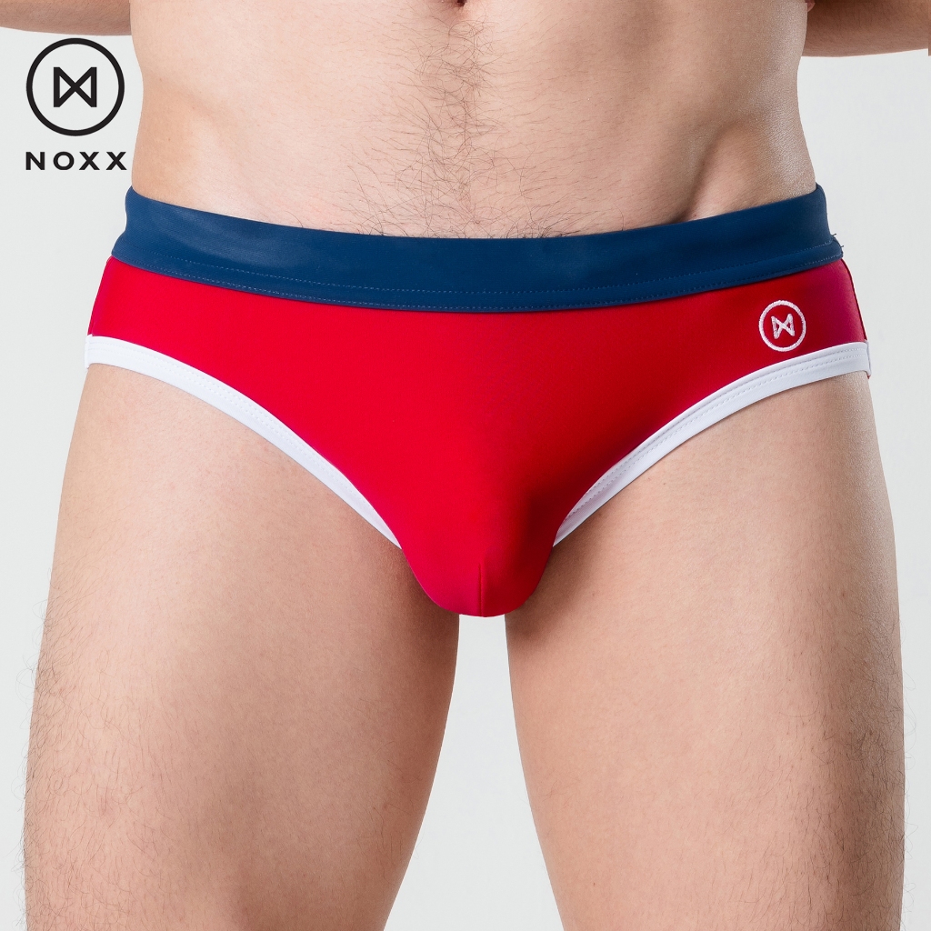 Noxx Swim Briefs: กางเกงว่ายน้ำ ทรงบรีฟ สีแดง ขอบเอวน้ำเงิน กุ๊นขอบสีขาว