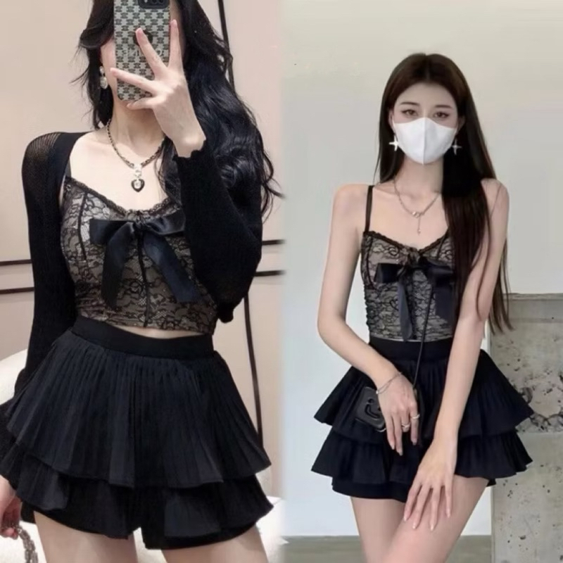 Cherry✨พร้อมส่ง✨เสื้อเซ็ท2ชิ้น ชุดsexy ชุดเจ้าหญิง เสื้อสายเดี่ยว+กระโปรงสั้น ชุดไปทะเล มีฟองน้ำ น่ารักเซ็กซี่เบาๆ