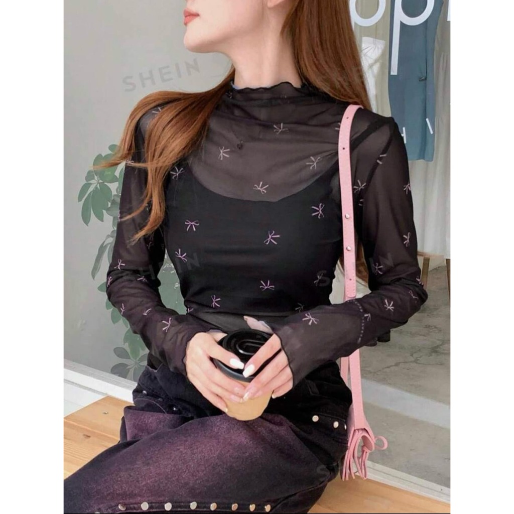 พร้อมส่งด่วนจากไทย เสื้อ ผู้หญิง แขนยาว ผ้าซีทรู ผ้าโปร่ง ผ้าตาข่าย ลายโบว์ คอตั้ง ทะเล สงกรานต์ ชุดดำ ปีใหม่ new year