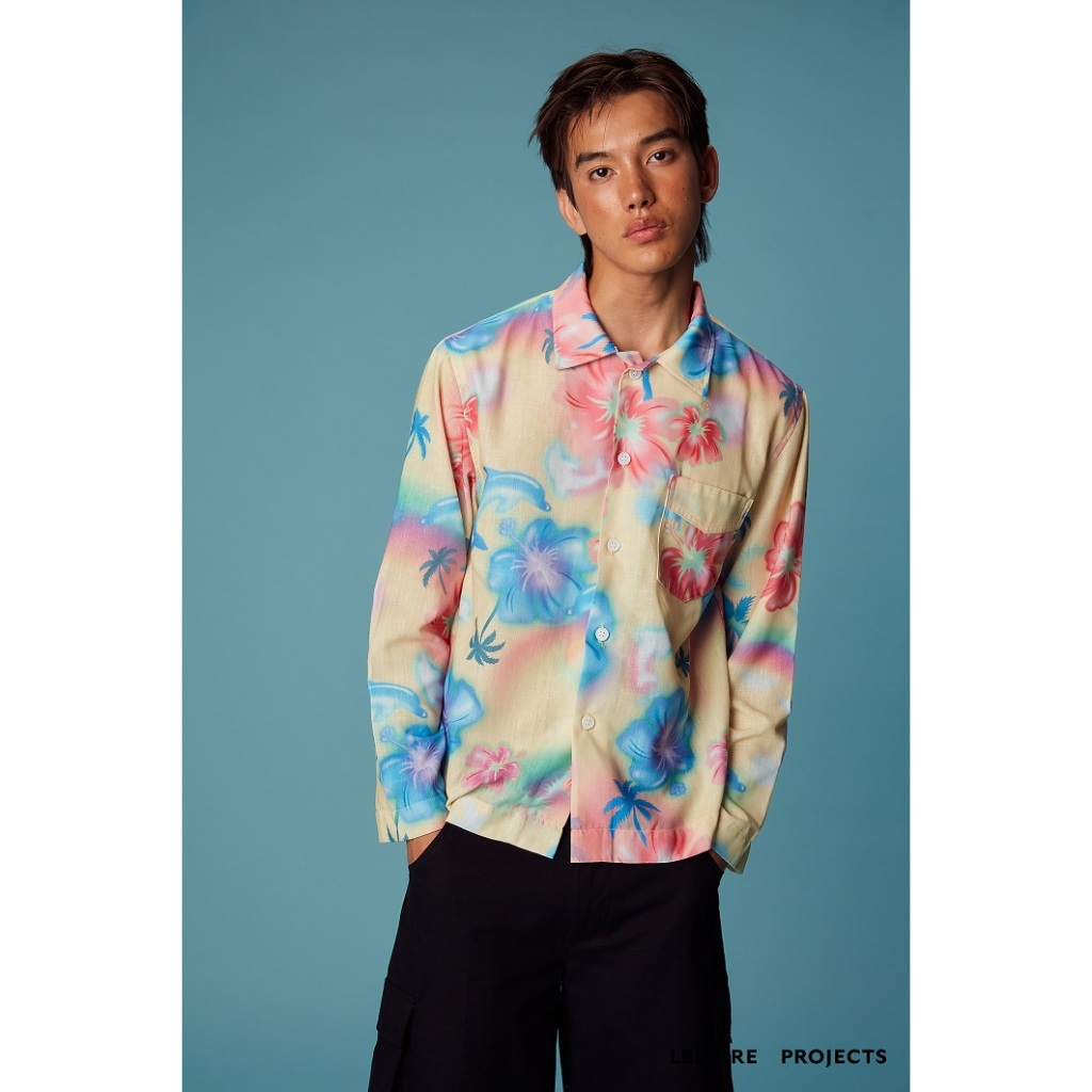 (Leisure Projects) long sleeves hawaiian shirt  เสื้อเชิ๊ตผ้าลินินคอตตอน  พิมพ์ลายกราฟฟิค ปกฮาวาย