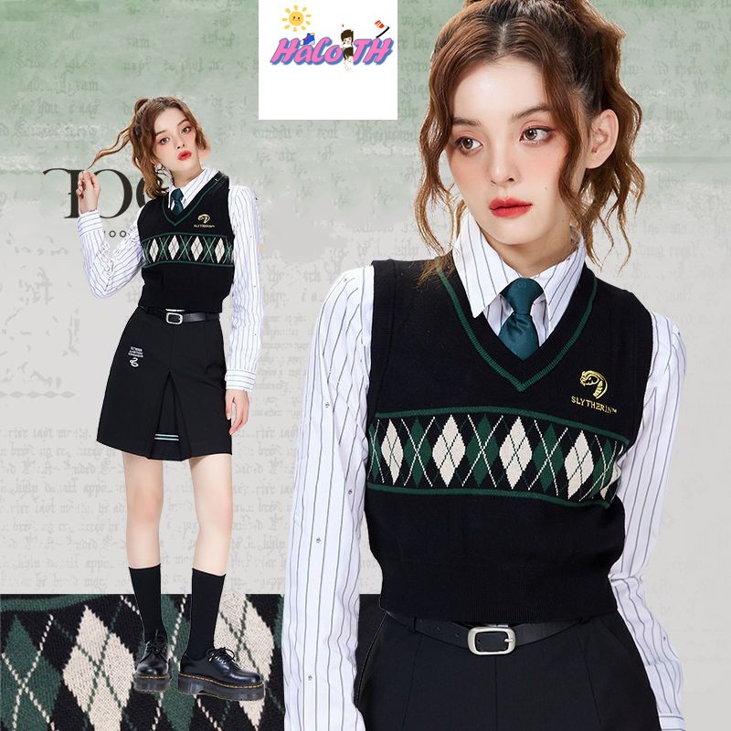 เสื้อกั๊กพ่อมด 4 บ้าน แฮรี่ เฮอไม ​ทรงหลวม คอวี ถักนิตติ้ง แขนกุด