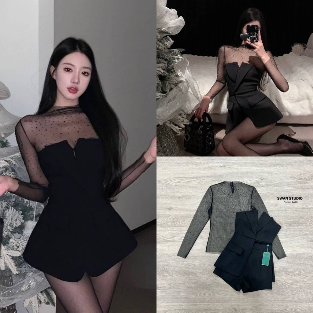 Swan Set 3 ชิ้น เสื้อตาข่ายแขนยาว + เสื้อเกาะอก ผ่า V พับปก + กางเกงขาสั้น