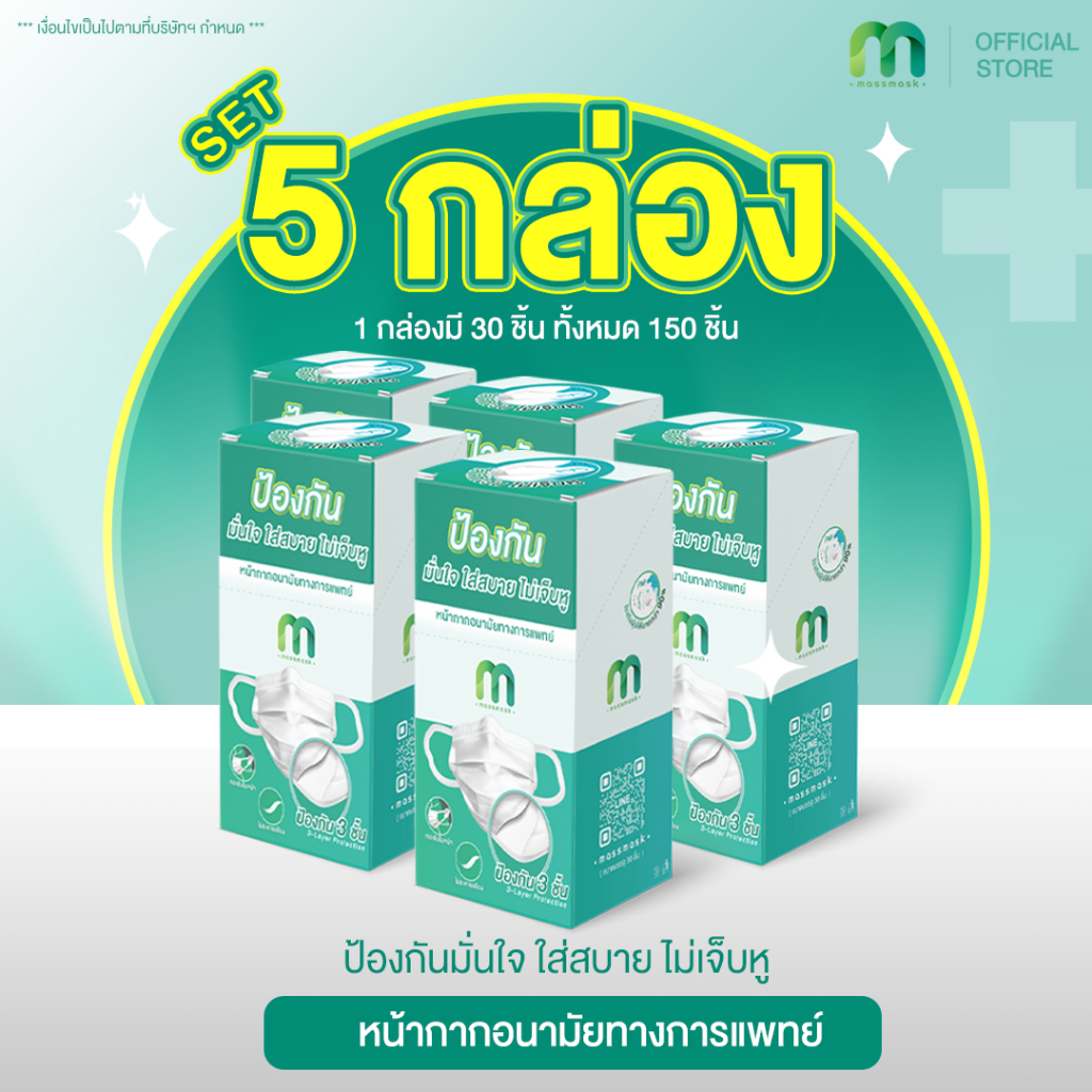 (เซ็ต 5 กล่อง) MassMask เเมสเเมส หน้ากากอนามัยหูผ้าหนานุ่มพิเศษ แพ็คแยกซองทุกชิ้น 🇹🇭 ผลิตในประเทศไทย