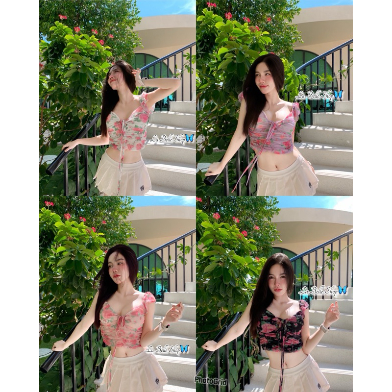 mnv_shop เสื้อครอป ลายมาใหม่ผ้าซีทรูลายดอก เสริมฟองน้ำ