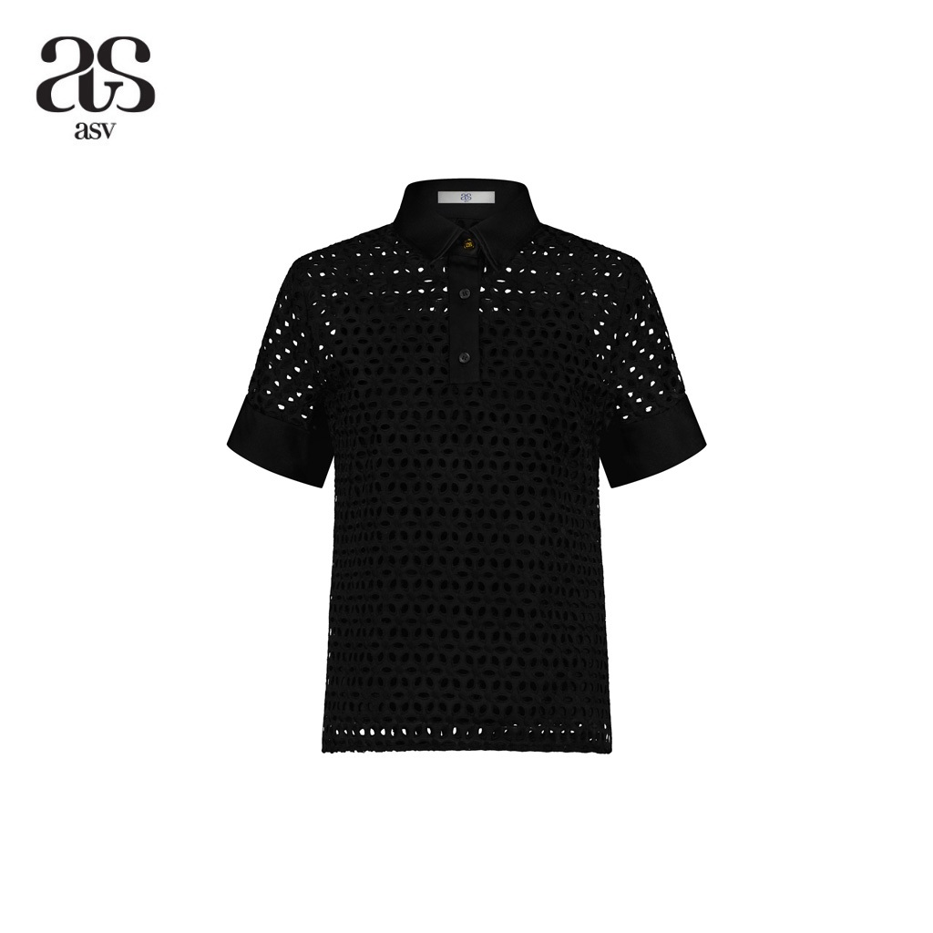 [asv ss23] Anne Lace-Detailed Blouse เสื้อโปโลผู้หญิง ตกแต่งกระเป๋าคู่ด้านหน้า แขนสั้น ผ้าทอลูกไม้