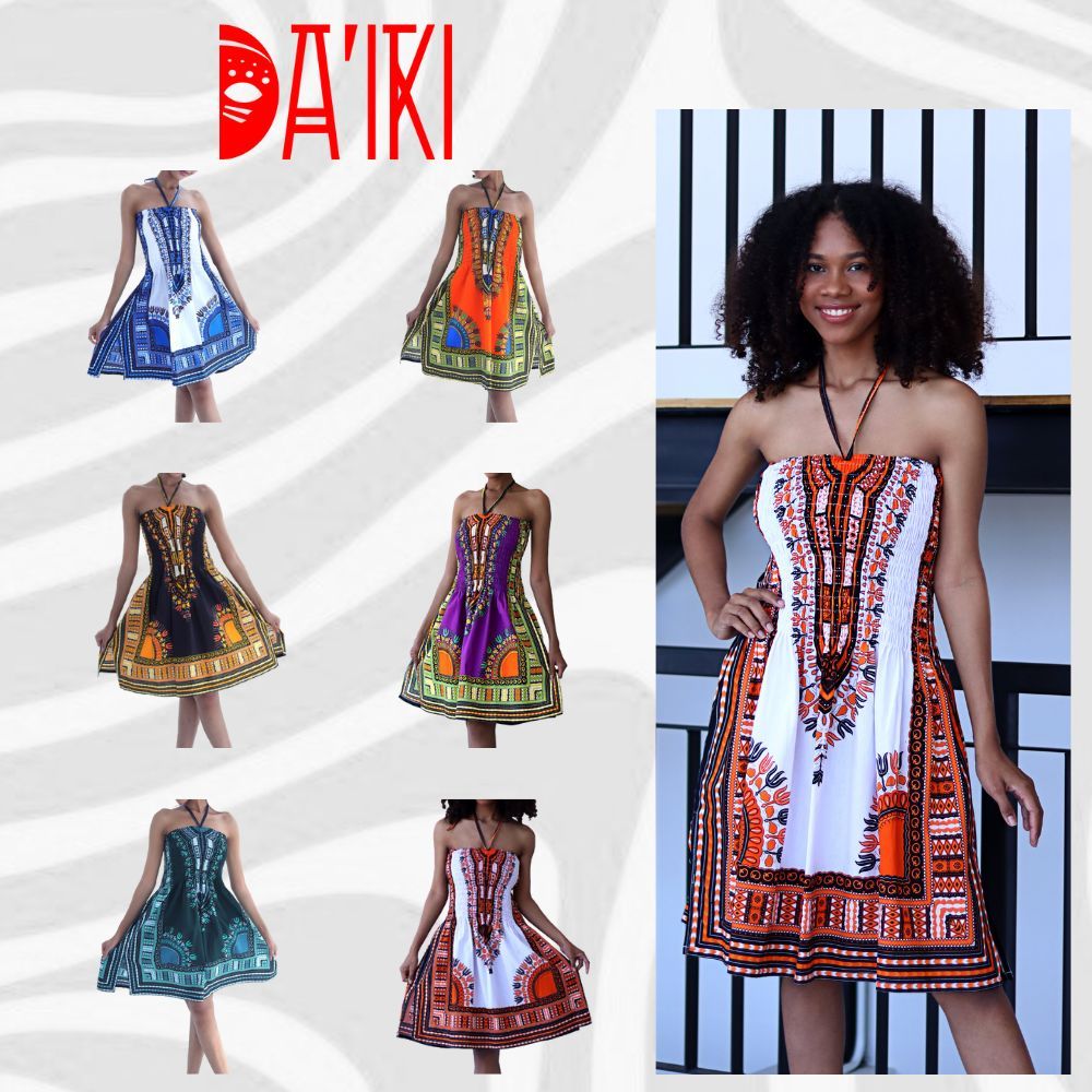 DA'IKI เดรสแอฟริกัน สไตล์โบฮีเมียน ผ้าคอตตอนเอวสม็อคมีเชือกผูกคล้องคอเปิดไหล่สวยงาม ใส่เป็นกระโปรงได้