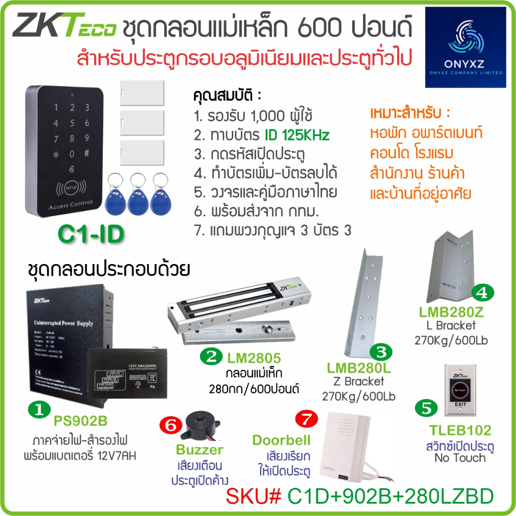ZKTeco ชุดกลอนแม่เหล็ก ชุดคีย์การ์ดสำหรับ หอพัก อพาร์ทเมนต์ บ้าน คอนโด ร้านค้า ออฟฟิต มีเซนเซอร์เสียงเตือน มีกริ่งเรียก