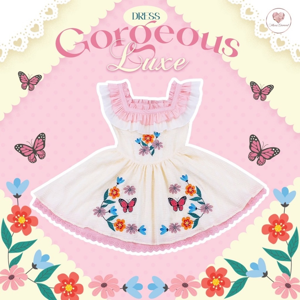 (มี 3XL) Gorgeous Luxe Dress เดรสสั้นสีครีมคอตตอน texture กลิตเตอร์ คอเหลี่ยมแต่งระบายสองชั้นปกปิดต้นแขน ย มีซับใน