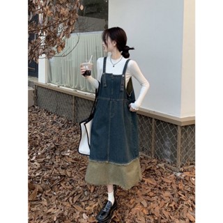 เอี๊ยมกระโปรงยีนส์ยาวSIZE S - 10XL ทรงหลวมสีสนิม ผ้ายีนส์เนื…