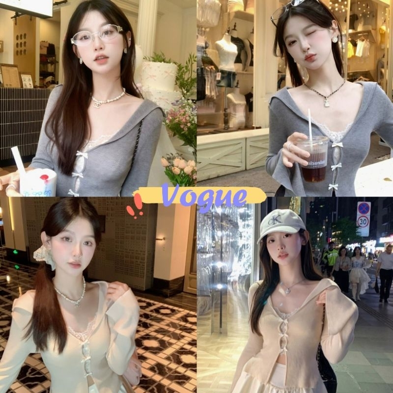 Vogue พร้อมส่ง เสื้อคลุมไหมพรม คอวีแขนยาว ผ้าร่องทรงรักตัว (M5256)