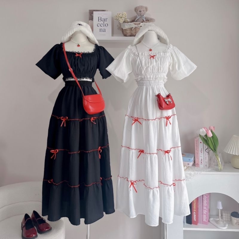 ❤️🍒ชุดเซต แขนตุ๊กตาโบแดง กระโปรงยาวติดโบแดง