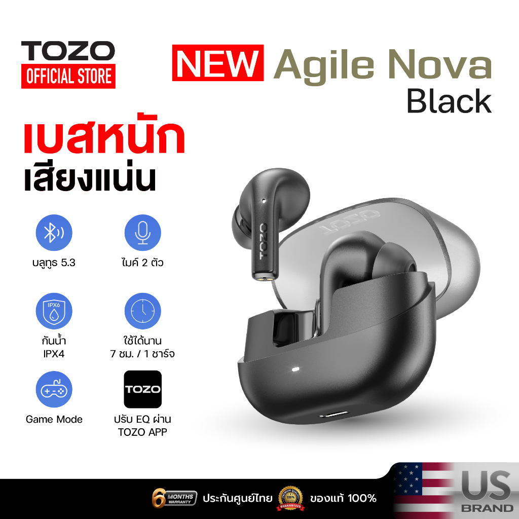 [ประกันศูนย์ไทย] TOZO Agile Nova หูฟังบลูทูธ หูฟังไร้สาย หูฟังอินเอีย เบสหนัก Bluetooth 5.3 แบต 7 ชม/ชาร์จ IPX4