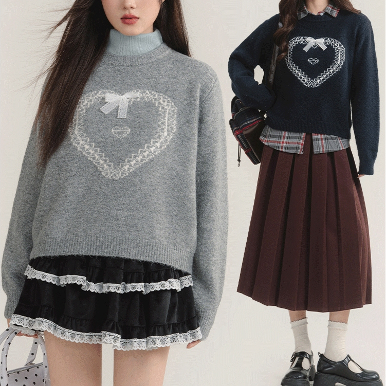 (พร้อมส่ง) Clothestoryy - Girly Love Bow Sweater เสื้อสเวตเตอร์ไหมพรม ลายหัวใจ แต่งโบว์