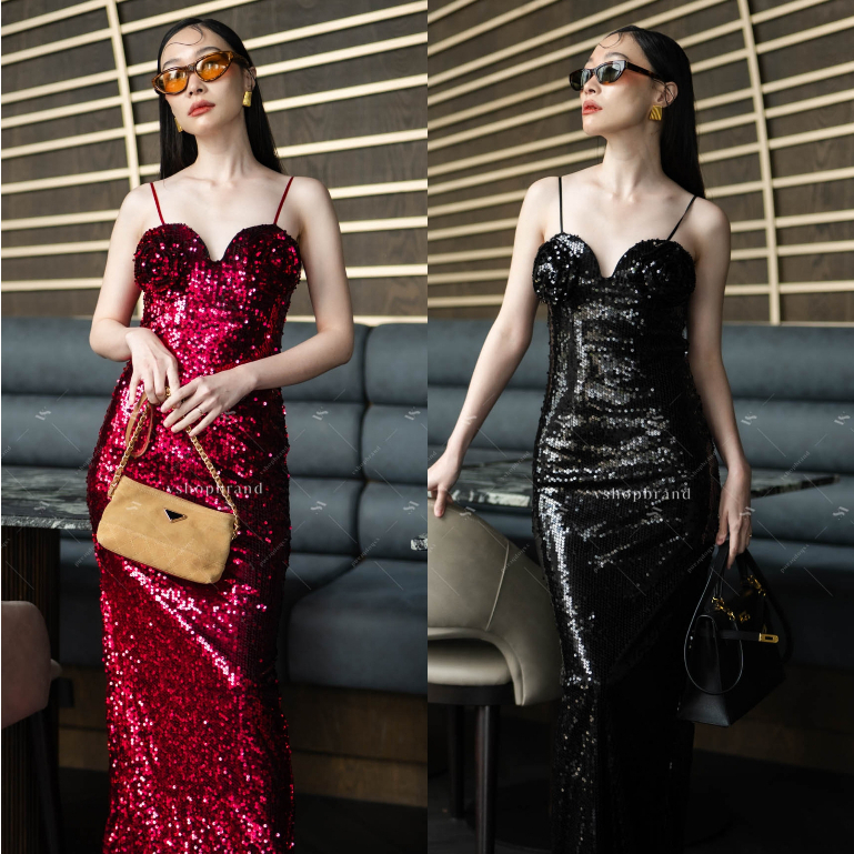 ชุดออกงาน Maxi เดรสสายเดี่ยวกลิตเตอร์ ดอกกุหลาบอก ผ่าหลัง งานป้าย vshopbrand