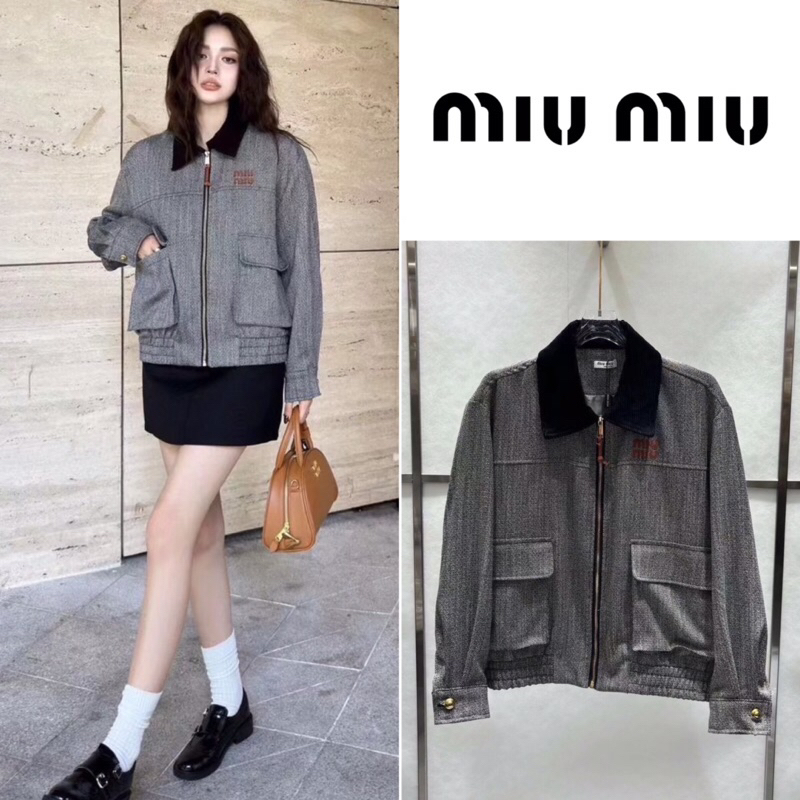 เสื้อคลุมสูทแขนยาว Miu Miu คอปกแต่งซิปด้านหน้า