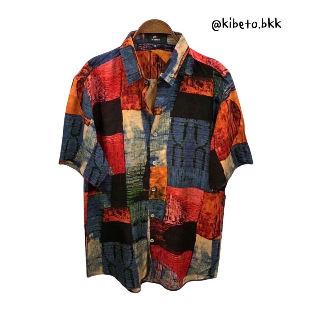 Kibeto เสื้อฮาวาย ลายตัดปะวินเทจ สีแดง ผ้าสปันเรยอน เนื้อนิ่ม ใส่สบาย M L XL 2XL 3XL