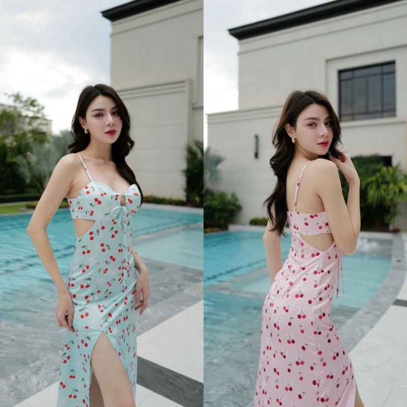 เดรสยาวสายเดี่ยวเชอร์รี่