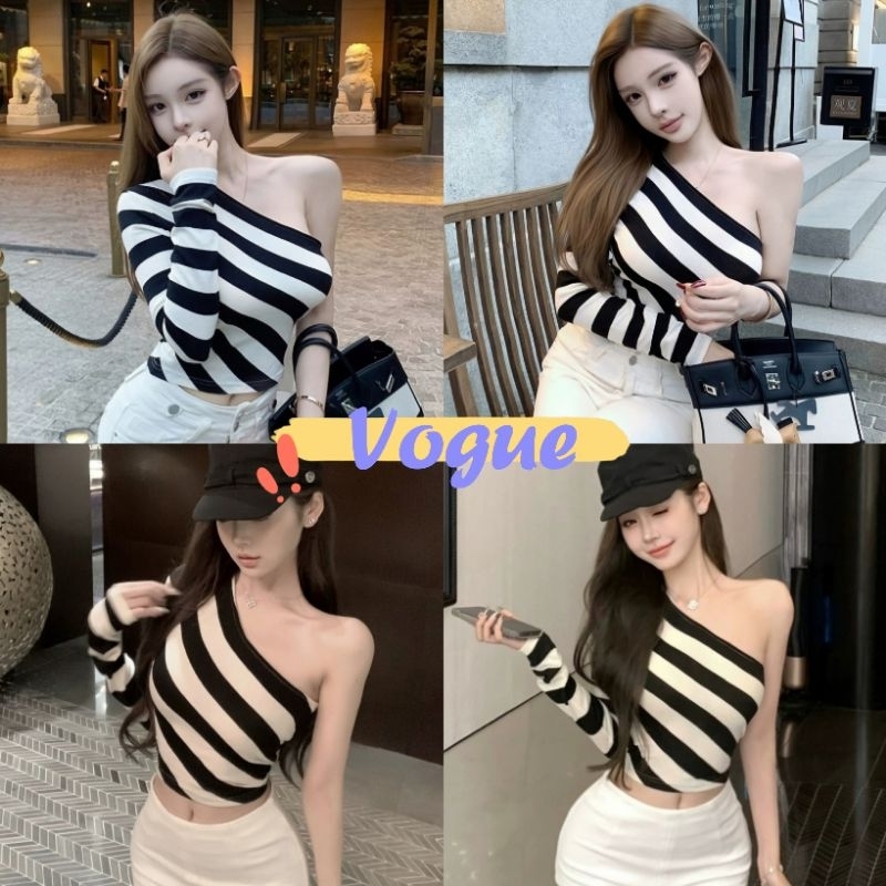 Vogue พร้อมส่ง เสื้อเปิดไหล่ แขนยาว ไหมพรม ดีเทลลายทางสองสี (Y9818)