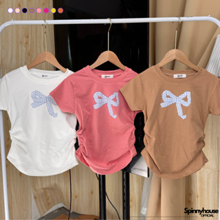 🌈SpinnyHouse🌈เสื้อยืดจั๊มข้าง ลายโบว์ฟ้า ผ้ายืดเยอะมาก สาวอว…