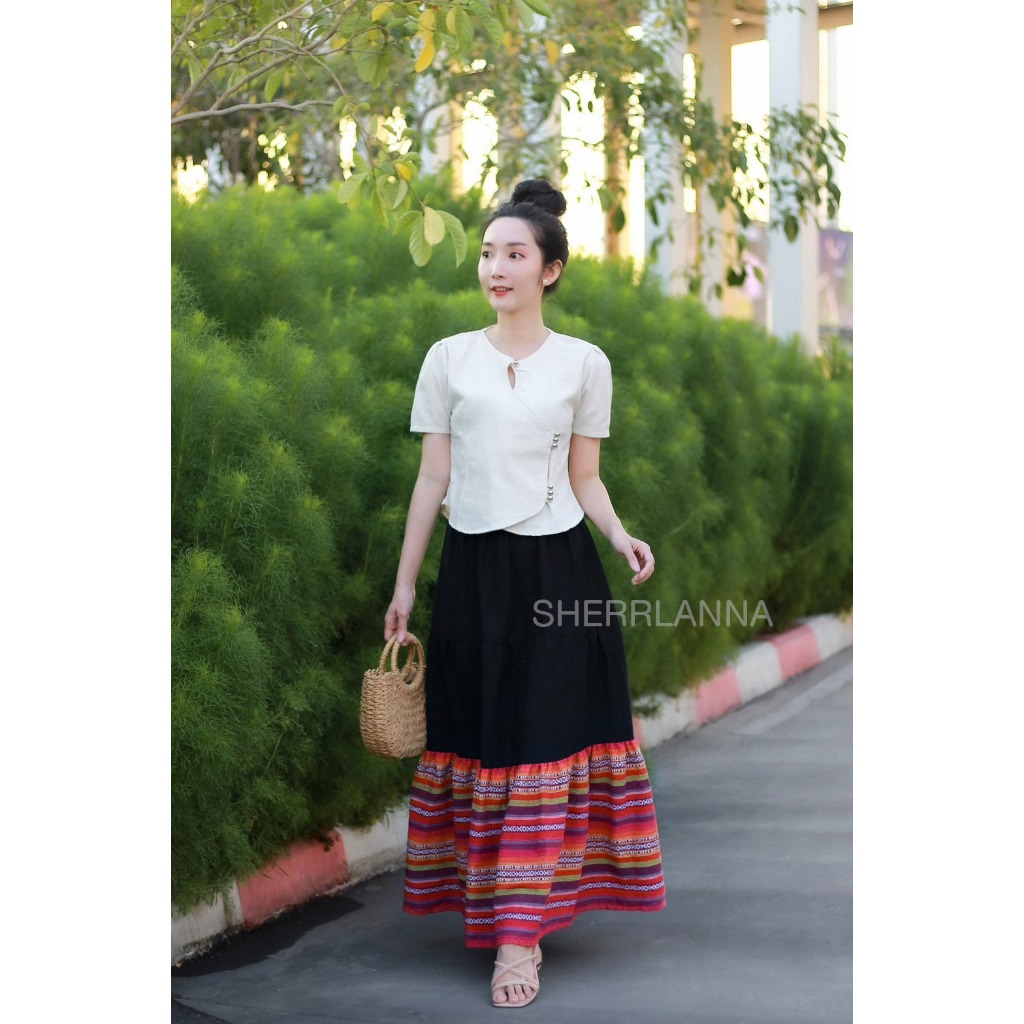 ชุดเซทผ้าฝ้ายพื้นเมือง เสื้อคอกลมหยดน้ำ-กระโปรง