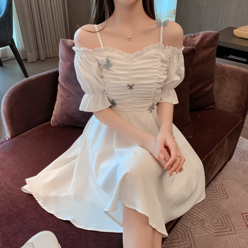 ชุดเกาหลี เดรสขาว น่ารัก คล้องคอ เปิดไหล่