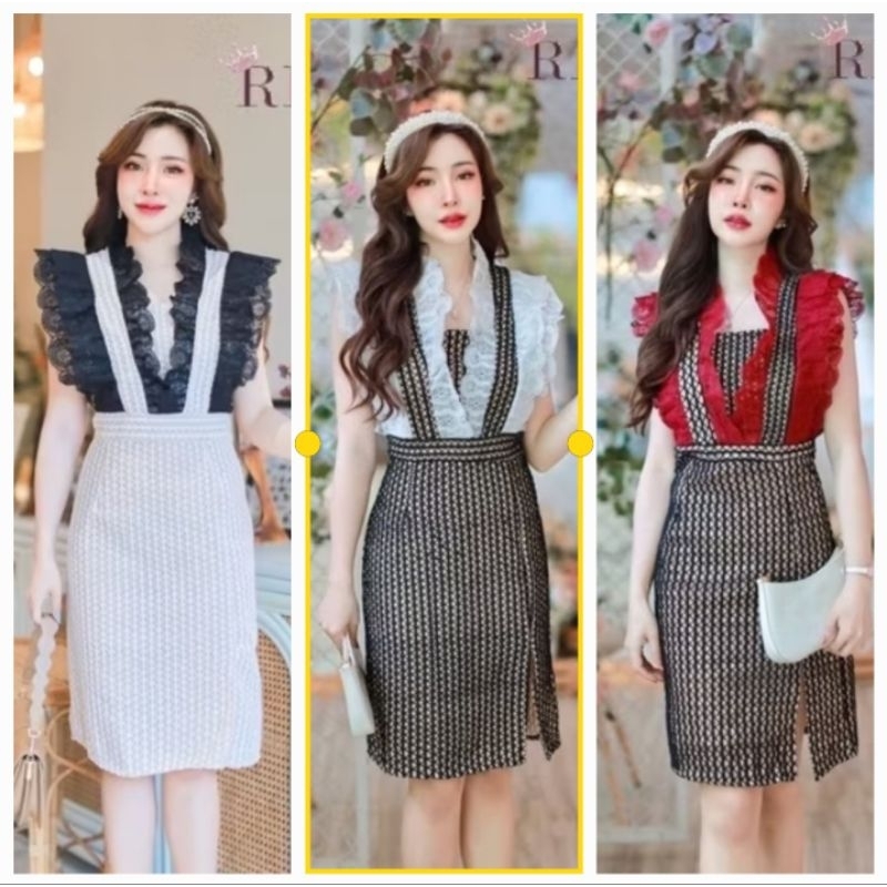 089💘ขาวมี2xl💘ดำมี2xl,3xl[ปกติ]เดรสสั้นลูกไม้ทูโทนแต่งระบาย