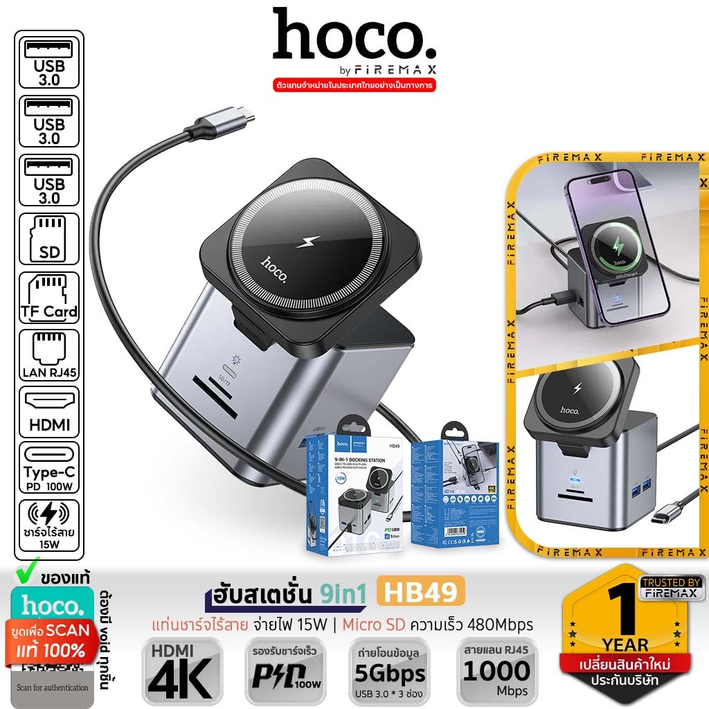 HOCO HB49 ฮับสเตชั่น  Type-C to wireless charger + HDTV + PD + USB3.0 * 3 + SD + TF + RJ45 HUB hc5