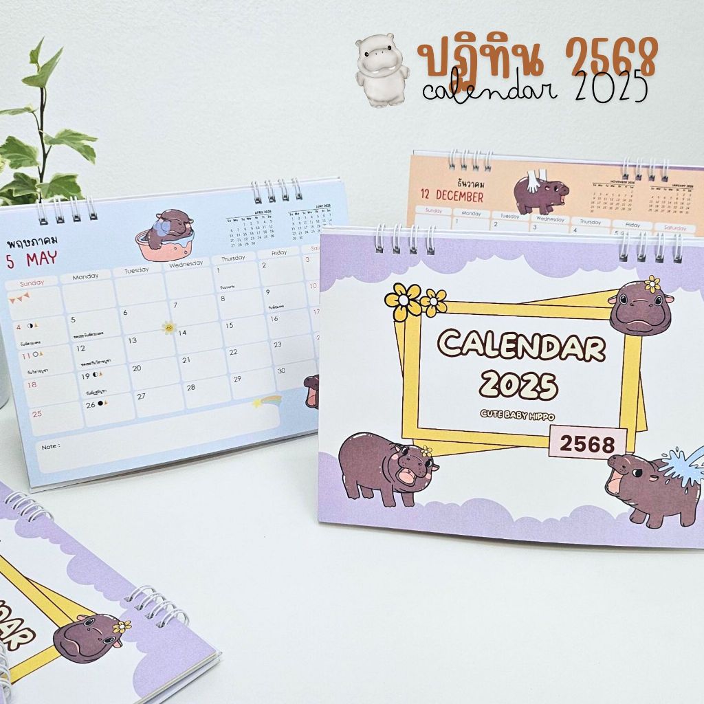 Calendar - ปฏิทินตั้งโต๊ะ 2568/2025 - ลาย Baby Hippo ขนาด 6x8 นิ้ว แนวนอน ( มีวันหยุดไทย, วันพระ)
