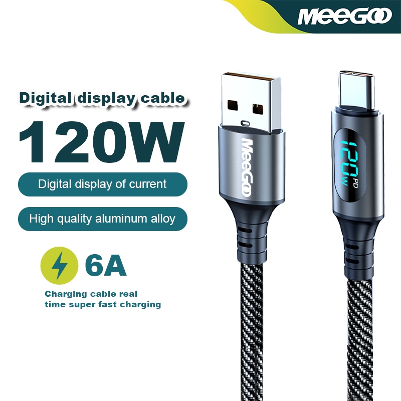 MeeGoo 6A 120W สายชาร์จเร็ว USB เพื่อพิมพ์สายเคเบิล C จอแสดงผลดิจิตอลเหมาะสำหรับโทรศัพท์มือถือ Type C