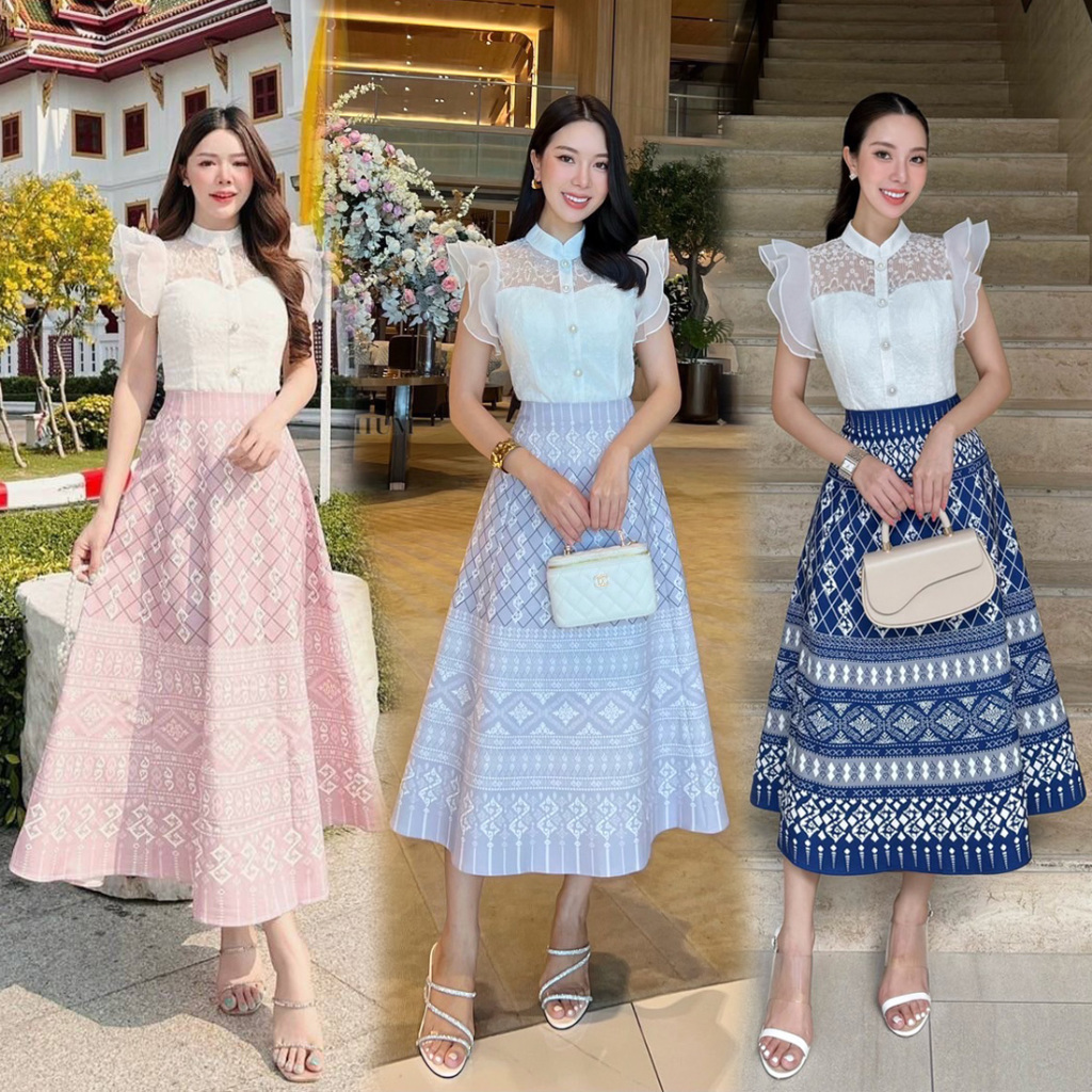 S-XL ชุดเดรส เซท 2 ชิ้น เสื้อสีขาว+กระโปรงพิมพ์ลายไทยโทนสีเทาอมม่วง/กรม #abigail