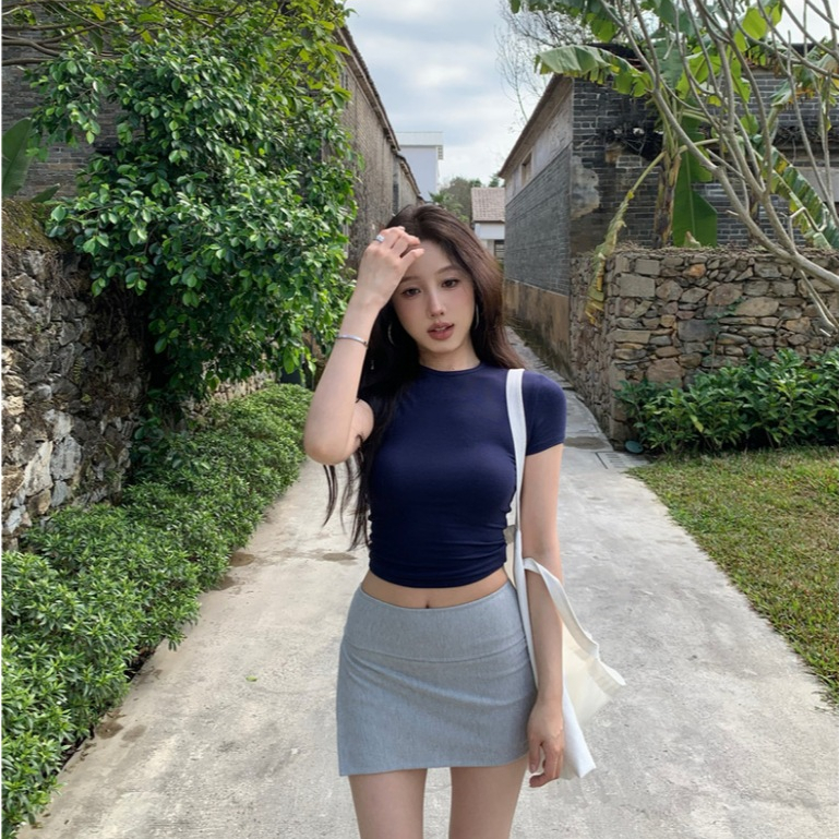 พร้อมส่งจากไทย ชุด2ชิ้น เสื้อแขนสั้นรัดรูป คอกลม+กระโปรงสั้นมีซับใน 4สีให้เลือกได้ ฝ้าย100% ผ้าเนื้อดีๆสวย สไตล์เกาหลี - รูปที่ 6