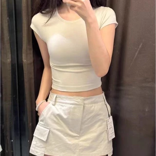*พร้อมส่ง*เสื้อครอปคอกลม เสื้อยืดทรงครอป เสื้อสไตล์เกาหลี Lady