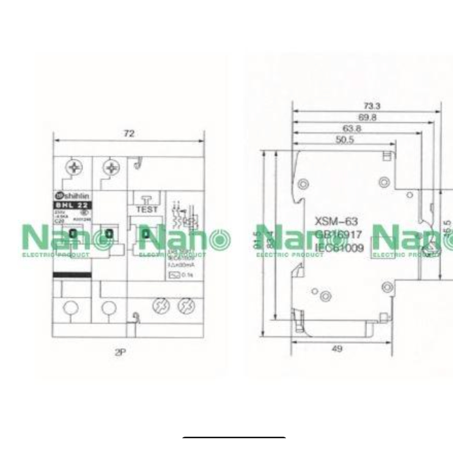 เซอร์กิตเบรกเกอร์กันดูด SHIHLIN/NANO MCB 2P+N 10kA 16A 32A 50A 63A  (RCBO)( 1 ชิ้น/กล่อง) BHL42C16A(