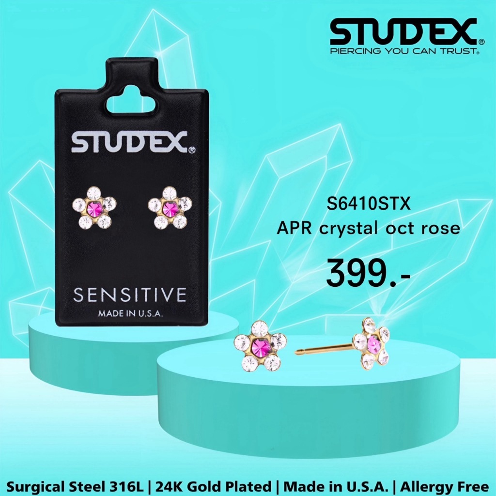 STUDEX S6410STX ต่างหูแฟชั่นสำหรับหูแพ้ง่าย เคลือบทอง 24K APR CRYTAL OCT ROSE