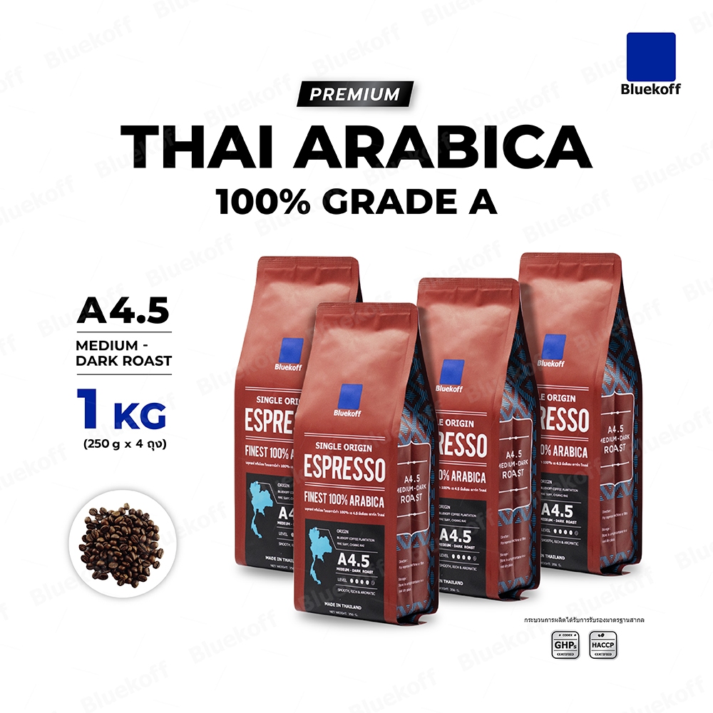 Bluekoff A4.5 Medium-Dark Roast เมล็ดกาแฟไทย อราบิก้า 100% Premium เกรด A  จำนวน 1 กิโลกรัม (250 กรั