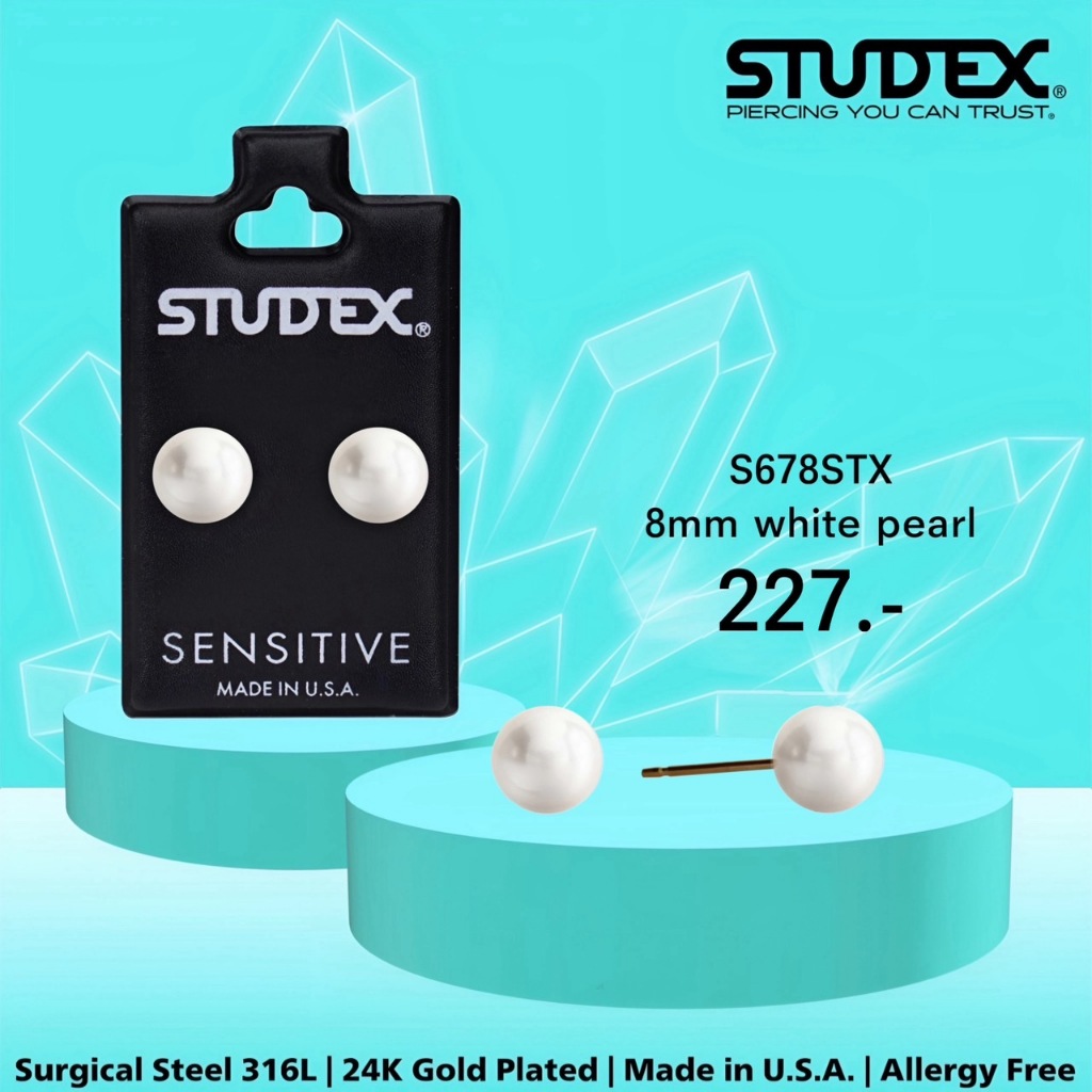 STUDEX S678STX ต่างหูแฟชั่นสำหรับหูแพ้ง่าย เคลือบทอง 24K 8MM WHITE PEARL