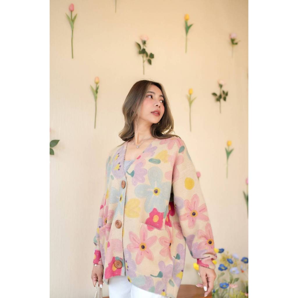 T00028 เสื้อคลุมไหมพรมนุ่ม ลายดอกไม้พาสเทล