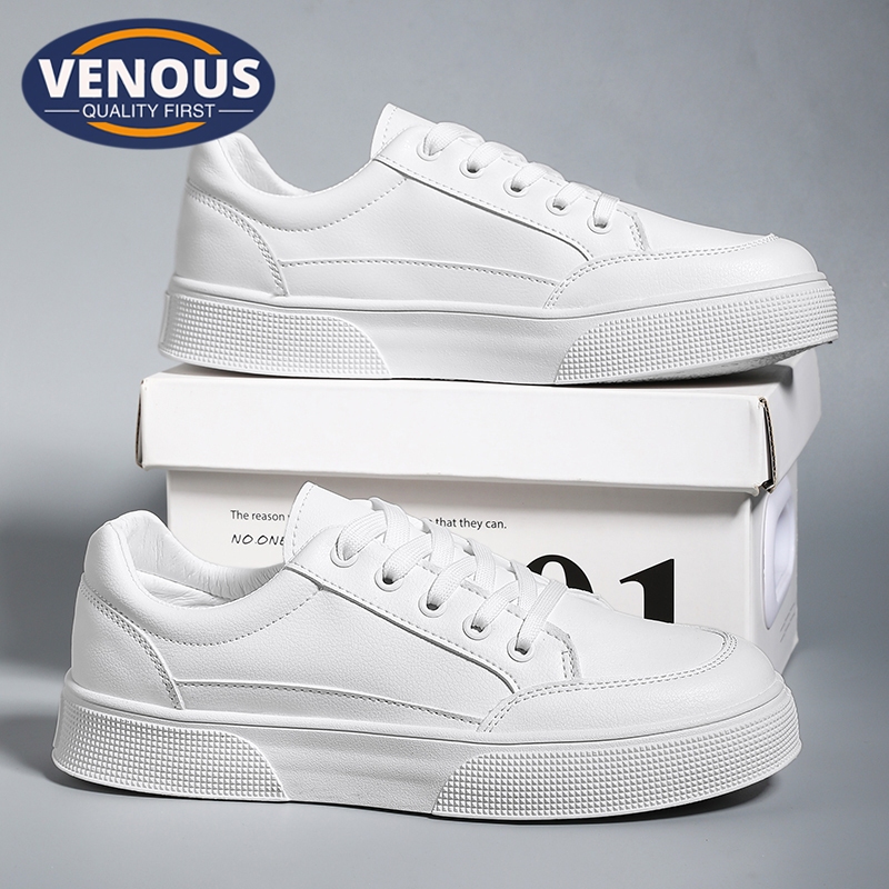 【Venous】2024 รองเท้าสีขาวใหม่สำหรับผู้ชาย รองเท้าผู้ชายแบบตัดต่ำ ยางแท้ รองเท้าผู้ชายแบบสบาย รองเท้าผ้าใบสำหรับผู้ชาย