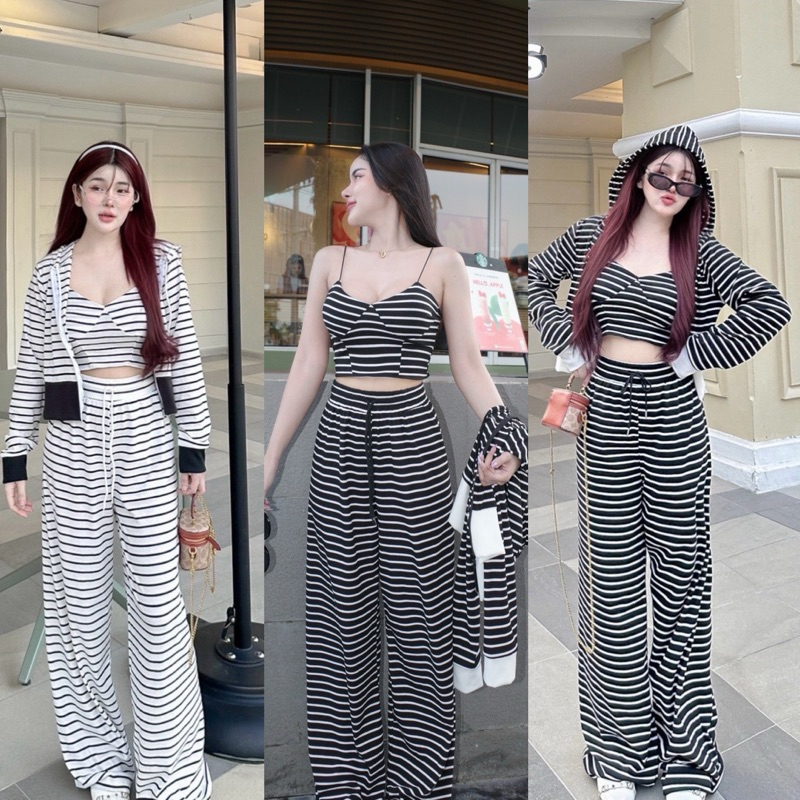 เซต 3 ชิ้น แมชท์ลุคผ้าลายริ้ว ทรงที่ใส่ได้บ่อย สายเดี่ยวด้านหลังสม็อคเพิ่มความเข้ารูปได้ทรงสวยช่วงอก กางเกงขายาว