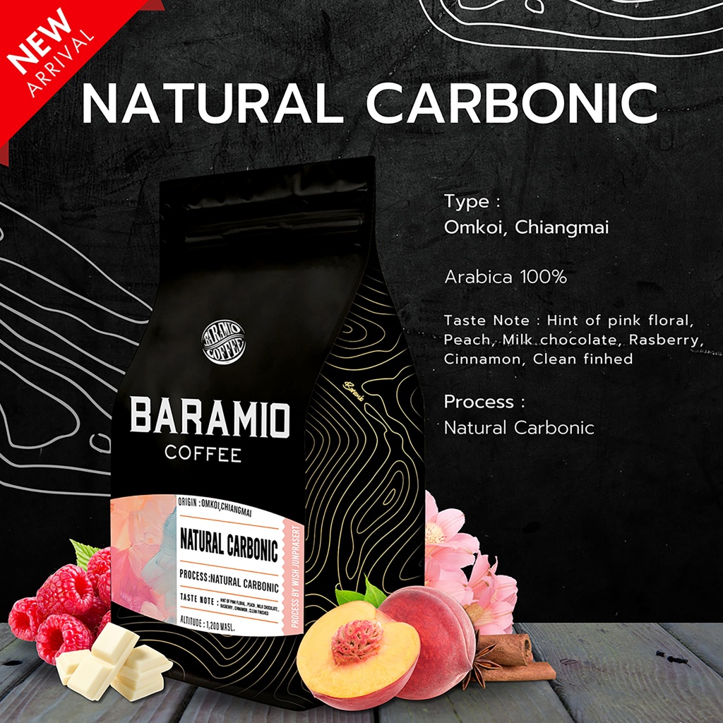 Baramio เมล็ดกาแฟรุ่น Natural Carbonic 200 g. Tastenote :Hint of pink floral, Peach, Milk chocolate, Rasberry, Cinnamon,