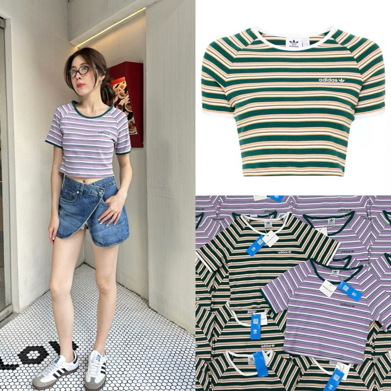 ADS crop เสื้อยืดผ้าร่องทรงครอปแขนสั้นแบรนด์ดัง รุ่นใหม่