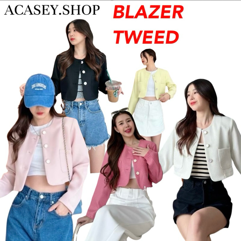 Acasey เสื้อสูทผู้หญิง Blazer Crop Tweed เสื้อคลุมทวิตแขนยาว สีพาสเทล น่ารักตะมุตะมิ