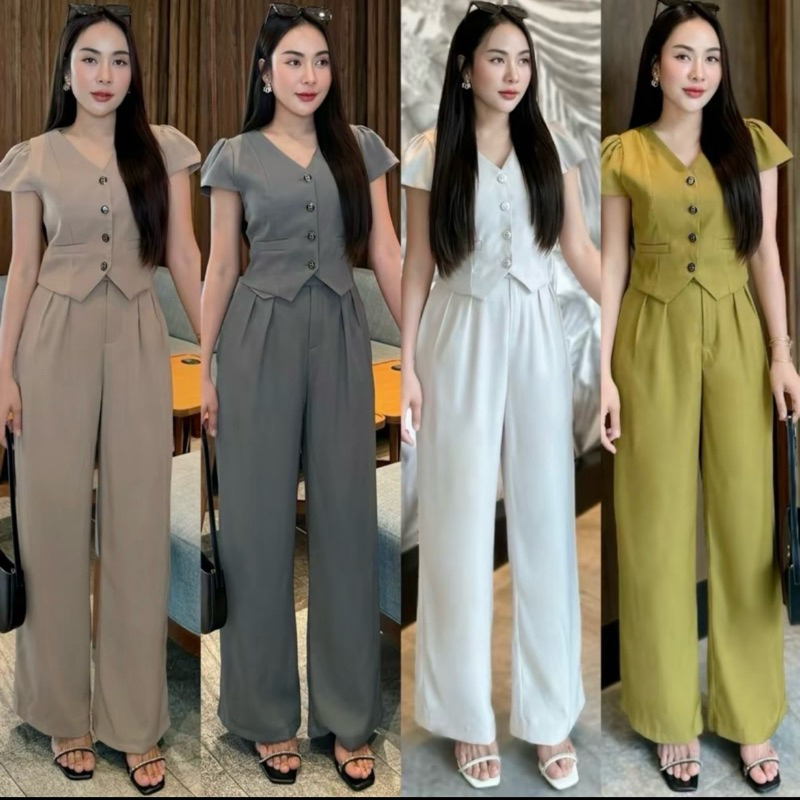 เซ็ทเสื้อแขนสั้นคอวีแต่งกระดุมหน้า + กางเกงขายาว