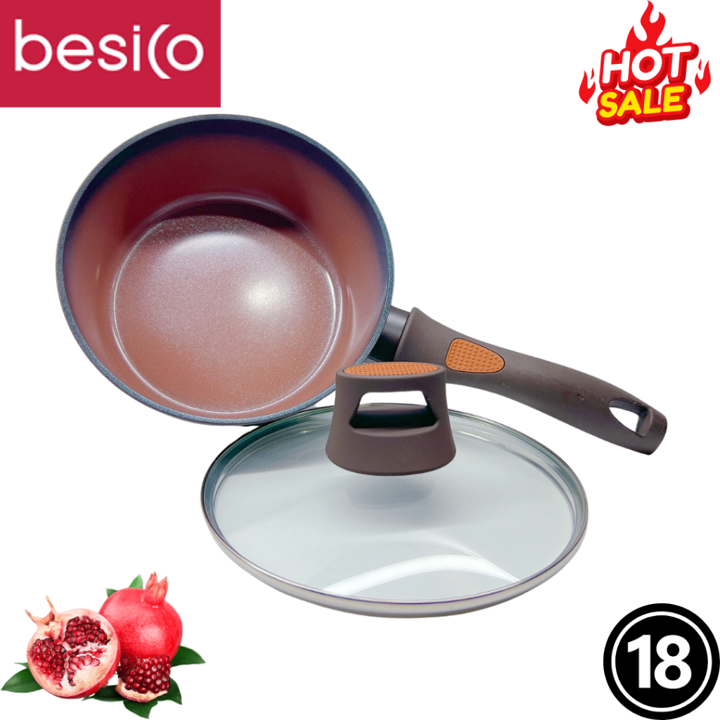 หม้อBesico หม้อเคลือบเซรามิก หม้ออลูมิเนียมเคลือบเซรามิก ขนาด 18 ซม. besico รุ่นPOMEGRANATE หม้อด้าม