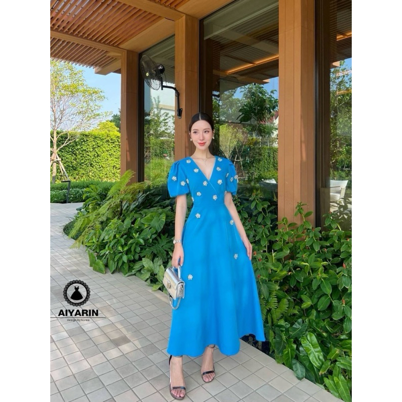 (s,xl) เดรสยาว สีส้ำเงิน ปักเพชร สวยหรู งานป้าย aiyarin เดรสออกงาน