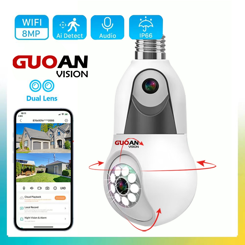 Guoan Vision กล้องวงจรปิด 8MP WiFi PTZ WiFi IC มองเห็นกลางคืน หลอดไฟ HD AI ติดตามมนุษย์